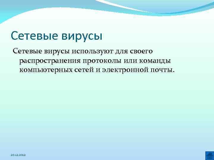 Сетевые вирусы используют для своего распространения протоколы или команды компьютерных сетей и электронной почты.