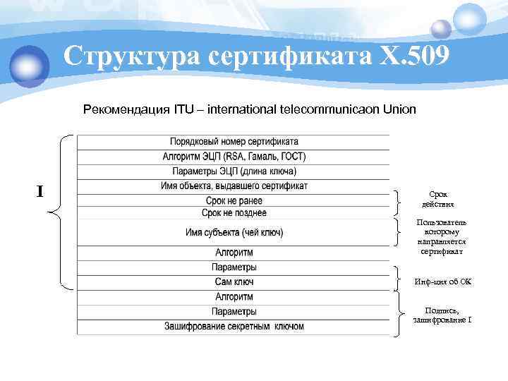 Структура сертификата X. 509 Рекомендация ITU – international telecommunicaon Union I Срок действия Пользователь