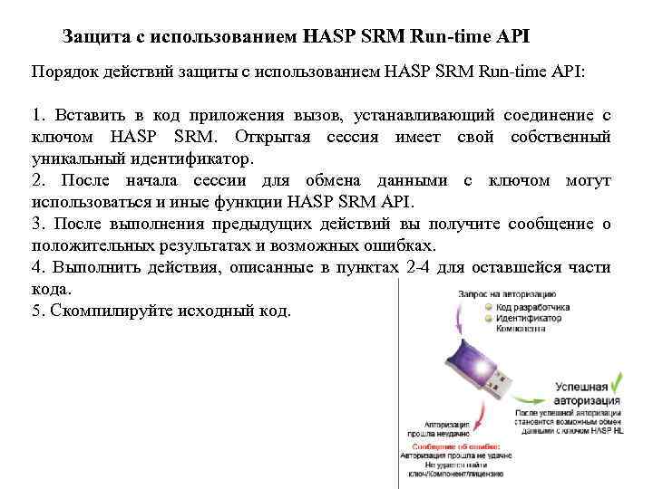 Защита с использованием HASP SRM Run-time API Порядок действий защиты с использованием HASP SRM