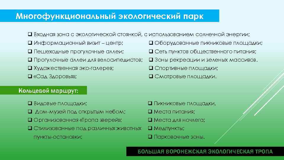 Многофункциональный экологический парк q Входная зона с экологической стоянкой, с использованием солнечной энергии; q