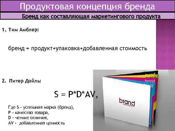 Продуктовая концепция бренда 1. Тим Амблер: бренд = продукт+упаковка+добавленная стоимость 2. Питер Дойль: S