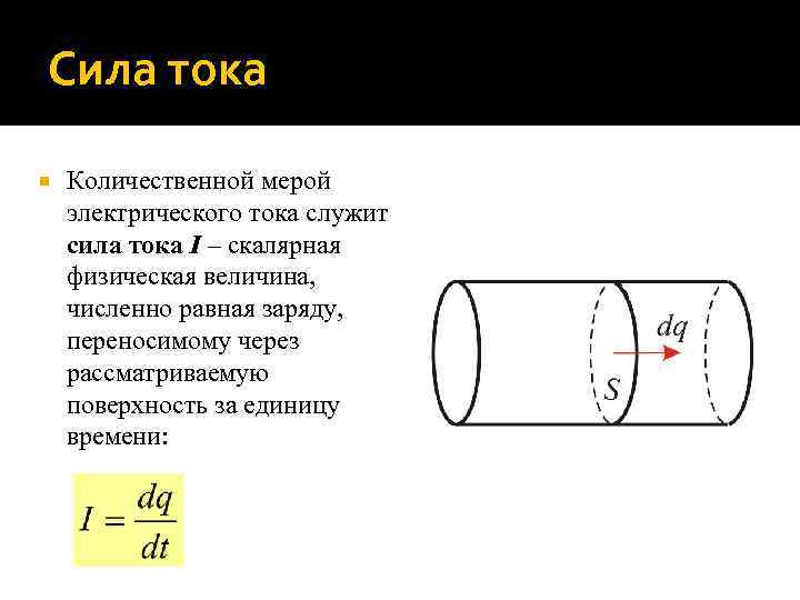 Сила тока Количественной мерой электрического тока служит сила тока I – скалярная физическая величина,