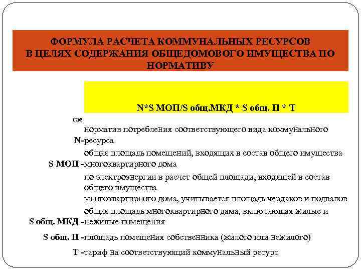 ФОРМУЛА РАСЧЕТА КОММУНАЛЬНЫХ РЕСУРСОВ В ЦЕЛЯХ СОДЕРЖАНИЯ ОБЩЕДОМОВОГО ИМУЩЕСТВА ПО НОРМАТИВУ N*S МОП/S общ.