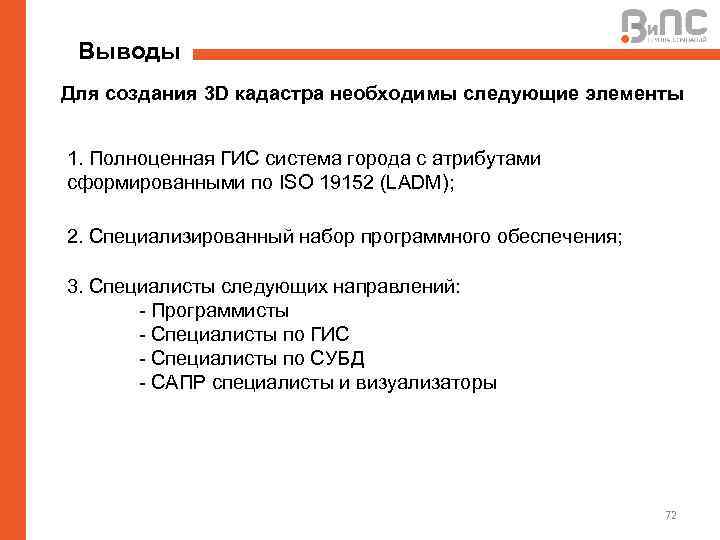 Выводы Для создания 3 D кадастра необходимы следующие элементы 1. Полноценная ГИС система города