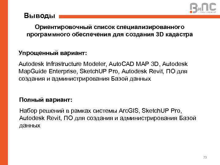 Выводы Ориентировочный список специализированного программного обеспечения для создания 3 D кадастра Упрощенный вариант: Autodesk