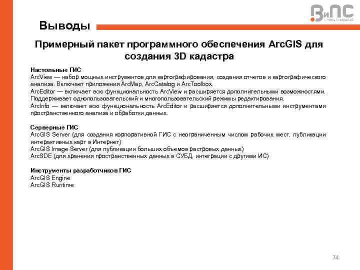 Выводы Примерный пакет программного обеспечения Arc. GIS для создания 3 D кадастра Настольные ГИС