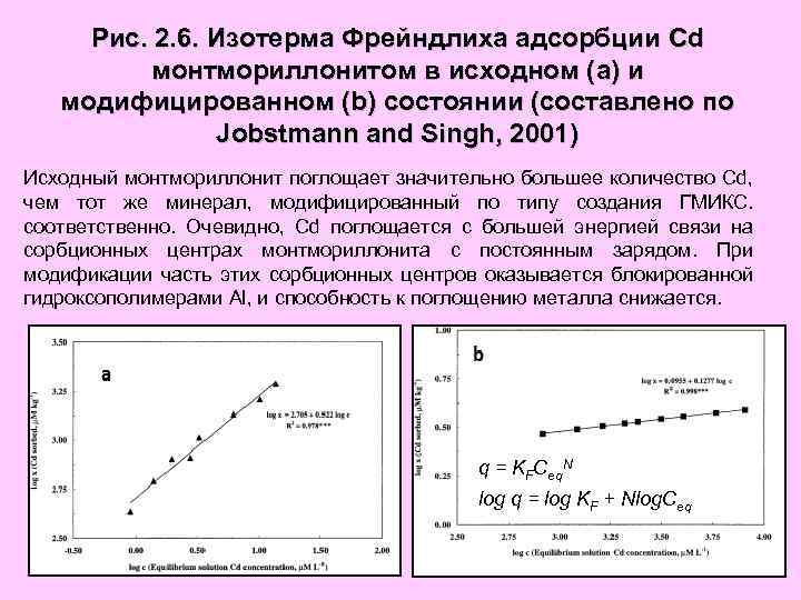 Рис. 2. 6. Изотерма Фрейндлиха адсорбции Cd монтмориллонитом в исходном (a) и модифицированном (b)