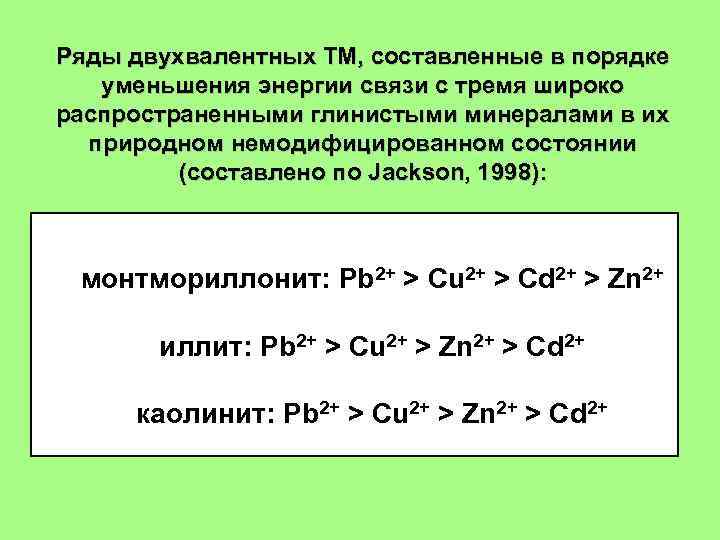 Ряды двухвалентных ТМ, составленные в порядке уменьшения энергии связи с тремя широко распространенными глинистыми