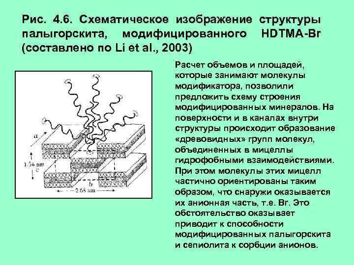 Рис. 4. 6. Схематическое изображение структуры палыгорскита, модифицированного HDTMA-Br (составлено по Li et al.