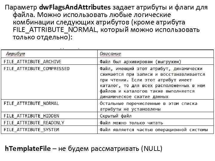 Параметр dw. Flags. And. Attributes задает атрибуты и флаги для файла. Можно использовать любые