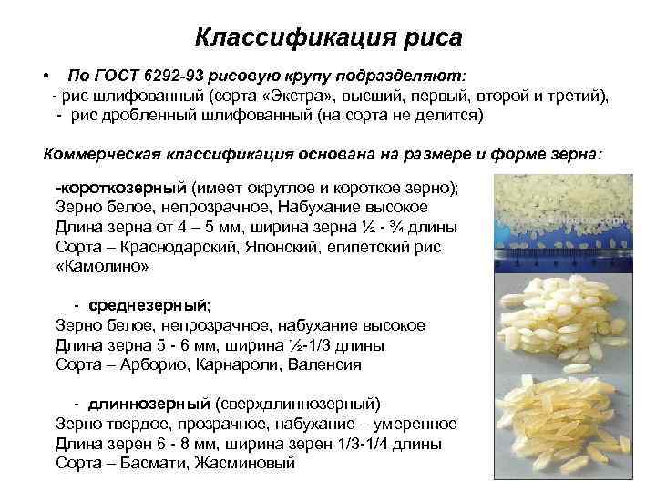 Классификация риса • По ГОСТ 6292 -93 рисовую крупу подразделяют: - рис шлифованный (сорта