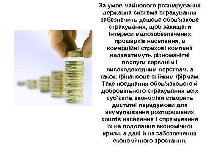 За умов майнового розшарування державна система страхування забезпечить дешеве обов'язкове страхування, щоб захищати інтереси