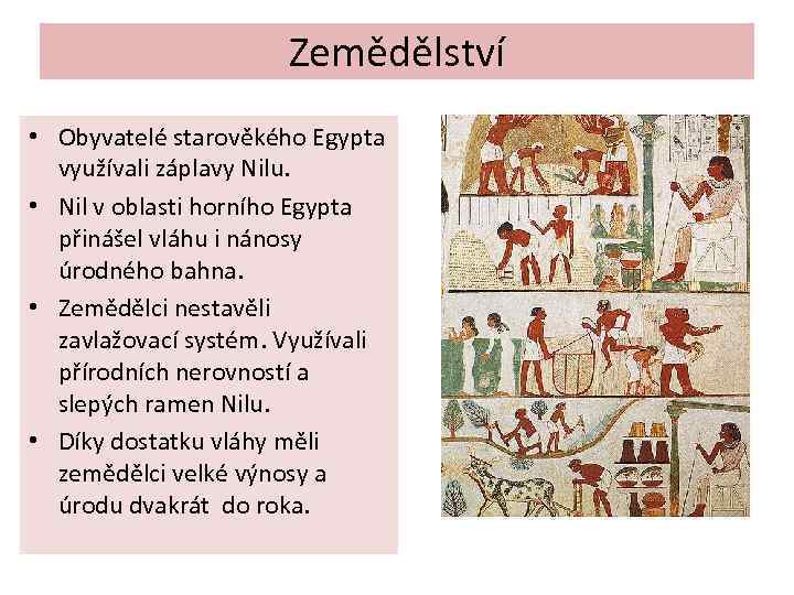 Zemědělství • Obyvatelé starověkého Egypta využívali záplavy Nilu. • Nil v oblasti horního Egypta