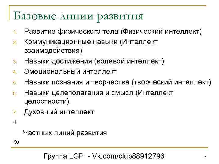 Базовые линии развития 1. 2. 3. 4. 5. 6. 7. Развитие физического тела (Физический