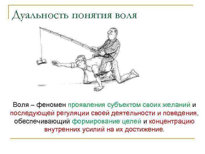 Дуальность понятия воля Воля – феномен проявления субъектом своих желаний и последующей регуляции своей