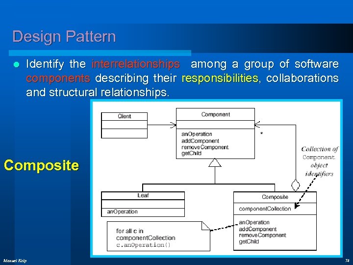Design Pattern l Identify the interrelationships among a group of software components describing their
