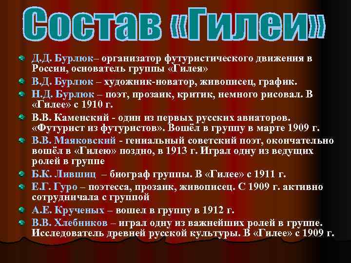 Д. Д. Бурлюк– организатор футуристического движения в России, основатель группы «Гилея» В. Д. Бурлюк