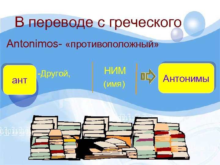В переводе с греческого Аntonimos- «противоположный» ант -Другой, НИМ (имя) Антонимы 