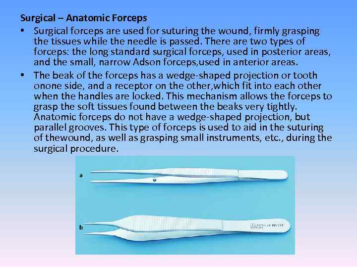 Surgical – Anatomic Forceps • Surgical forceps are used for suturing the wound, firmly