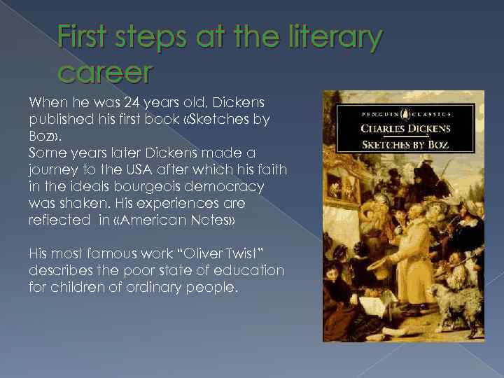 First steps at the literary career When he was 24 years old, Dickens published