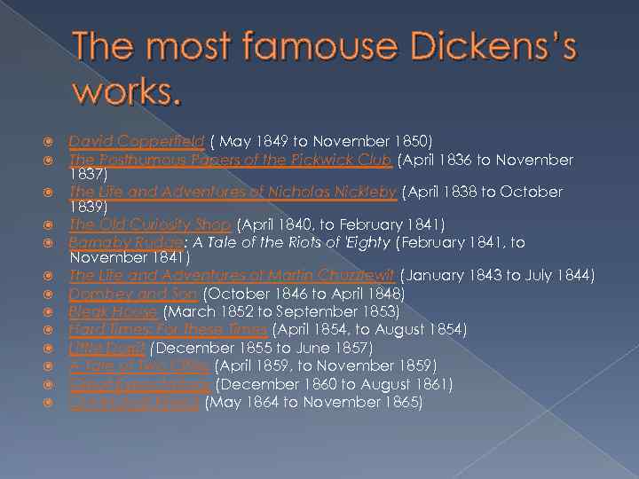 The most famouse Dickens’s works. David Copperfield ( May 1849 to November 1850) The