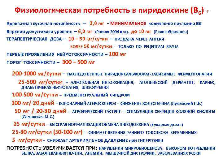 Физиологическая потребность в пиридоксине (В 6) 7 Адекватная суточная потребность – 2, 0 мг