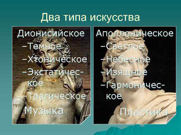 Два типа искусства Дионисийское Аполлоническое –Темное –Светлое –Хтоническое –Небесное –Экстатичес–Изящное кое –Гармоническое –Трагическое Музыка