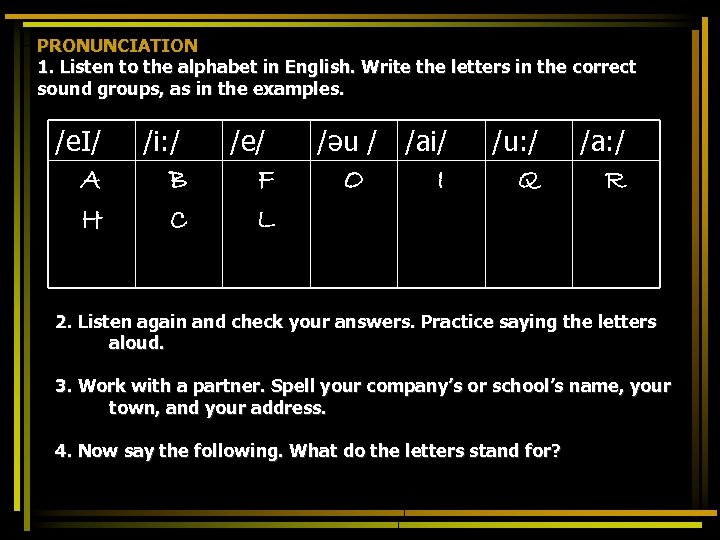 PRONUNCIATION 1. Listen to the alphabet in English. Write the letters in the correct