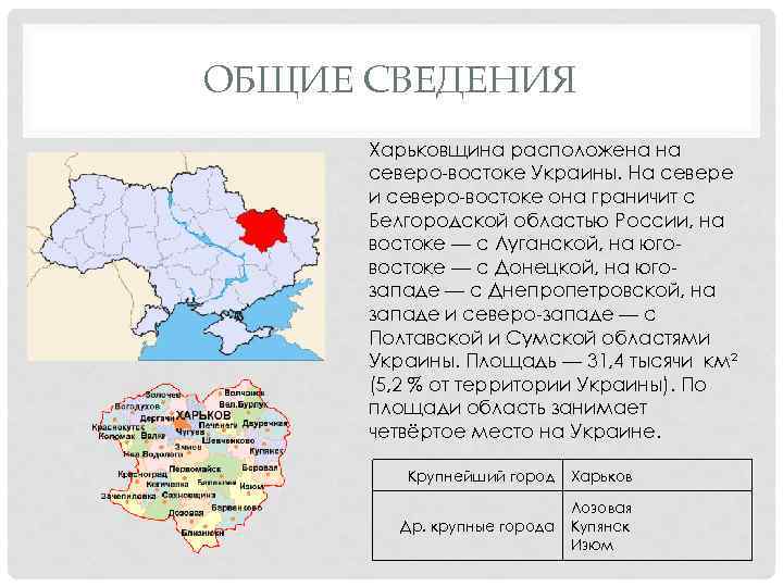 ОБЩИЕ СВЕДЕНИЯ Харьковщина расположена на северо-востоке Украины. На севере и северо-востоке она граничит с