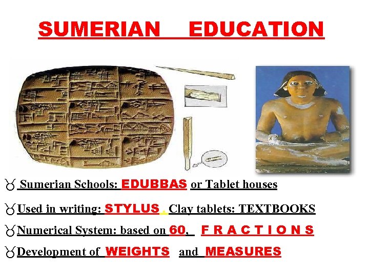 SUMERIAN EDUCATION _ Sumerian Schools: EDUBBAS or Tablet houses _Used in writing: STYLUS. Clay