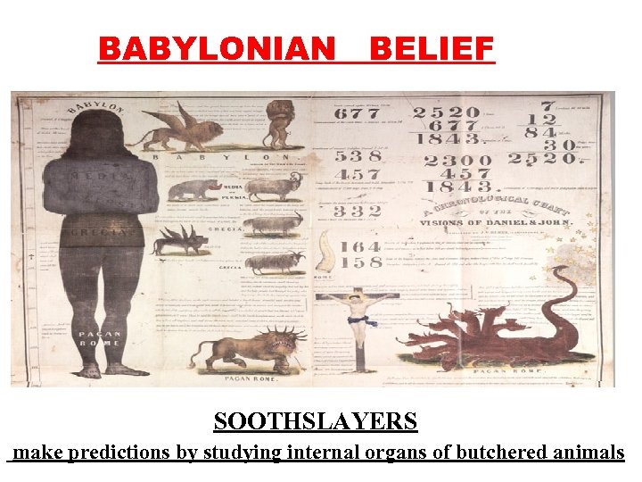 BABYLONIAN BELIEF SOOTHSLAYERS make predictions by studying internal organs of butchered animals 