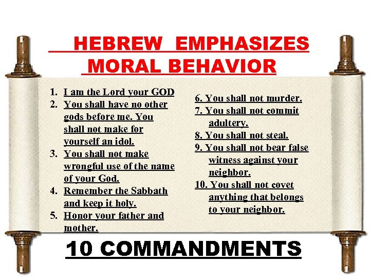 HEBREW EMPHASIZES MORAL BEHAVIOR 1. I am the Lord your GOD 2. You shall