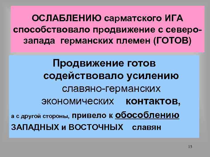 ОСЛАБЛЕНИЮ сарматского ИГА способствовало продвижение с северозапада германских племен (ГОТОВ) Продвижение готов содействовало усилению