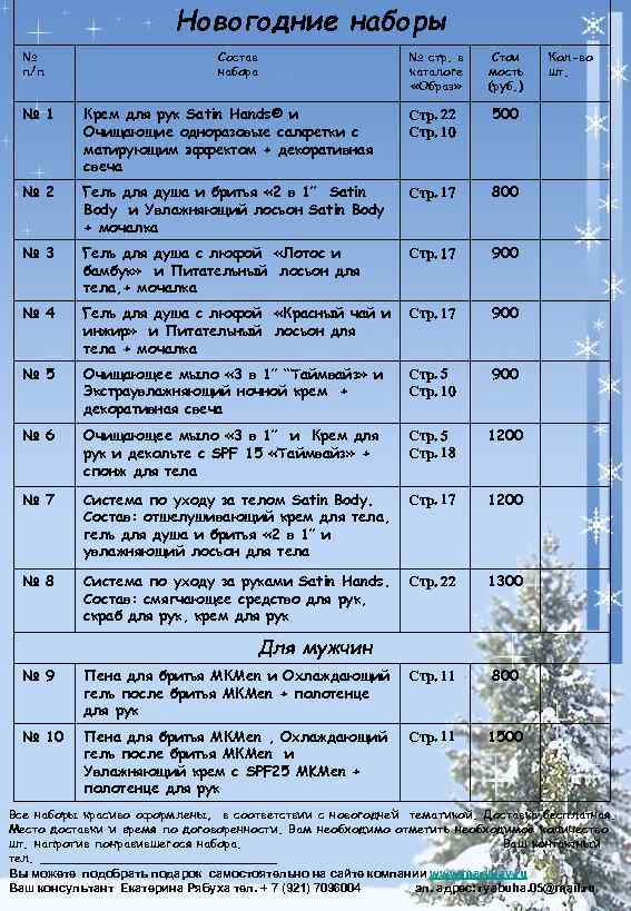 Новогодние наборы № п/п Состав набора № стр. в каталоге «Образ» Стои мость (руб.