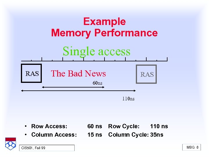 Example Memory Performance Single access RAS The Bad News RAS 60 ns 110 ns