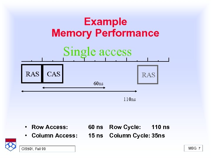 Example Memory Performance Single access RAS CAS RAS 60 ns 110 ns • Row