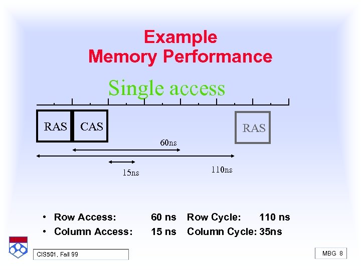 Example Memory Performance Single access RAS CAS RAS 60 ns 110 ns 15 ns