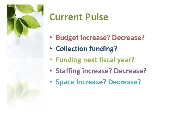 Current Pulse • • • Budget increase? Decrease? Collection funding? Funding next fiscal year?