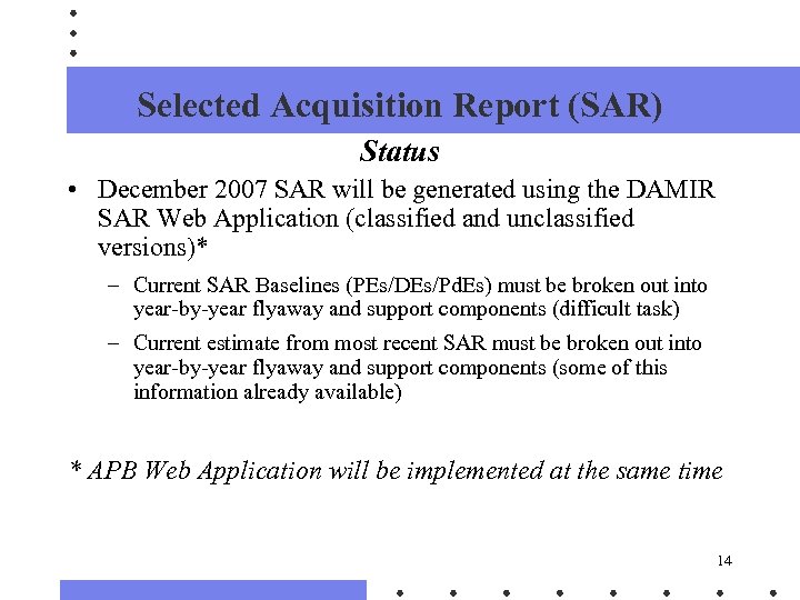 Selected Acquisition Report (SAR) Status • December 2007 SAR will be generated using the