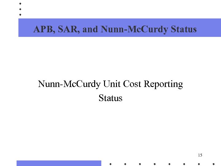 APB, SAR, and Nunn-Mc. Curdy Status Nunn-Mc. Curdy Unit Cost Reporting Status 15 