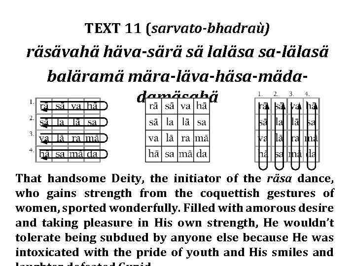 TEXT 11 (sarvato-bhadraù) räsävahä häva-särä sä laläsa sa-lälasä baläramä mära-läva-häsa-mädadamäsahä That handsome Deity, the