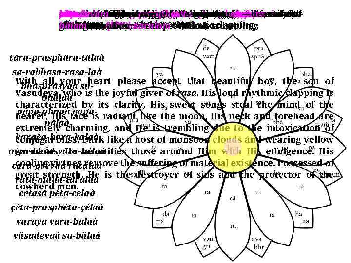 cäru—handsome; conjugalvara—great; kalam—whose néra-bhåt—of yourprasphéta—great; mada—because grévam—whose rucä—with çéta—cooling; tära—characterized by hara—charm; çélam—whose väsudevam—the