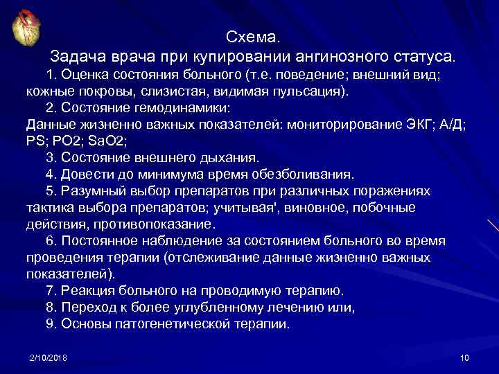 Схема. Задача врача при купировании ангинозного статуса. 1. Оценка состояния больного (т. е. поведение;