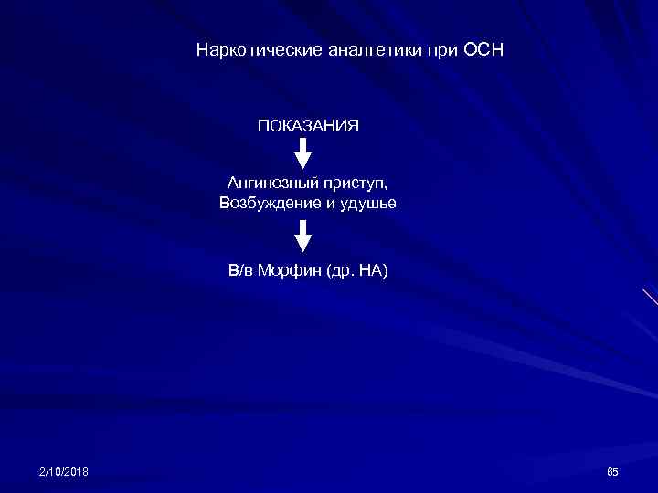 Наркотические аналгетики при ОСН ПОКАЗАНИЯ Ангинозный приступ, Возбуждение и удушье В/в Морфин (др. НА)