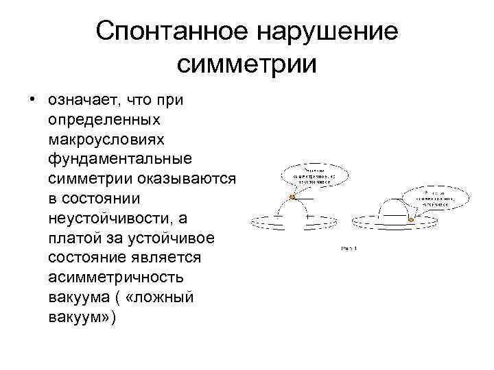 Спонтанное нарушение симметрии • означает, что при определенных макроусловиях фундаментальные симметрии оказываются в состоянии