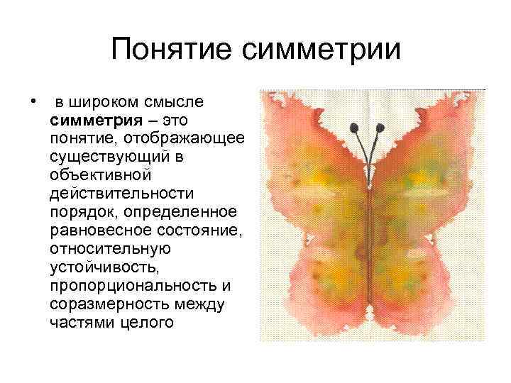 Понятие симметрии • в широком смысле симметрия – это понятие, отображающее существующий в объективной
