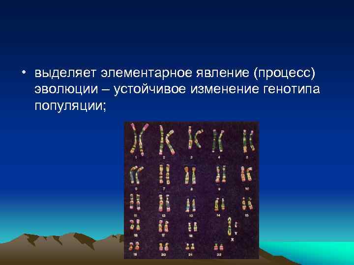  • выделяет элементарное явление (процесс) эволюции – устойчивое изменение генотипа популяции; 