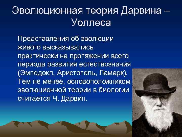 Эволюционная теория Дарвина – Уоллеса Представления об эволюции живого высказывались практически на протяжении всего