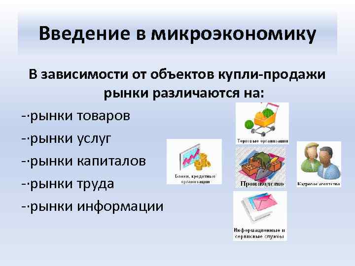 Введение в микроэкономику В зависимости от объектов купли-продажи рынки различаются на: -·рынки товаров -·рынки