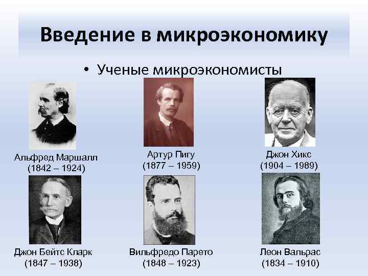 Введение в микроэкономику • Ученые микроэкономисты Альфред Маршалл (1842 – 1924) Джон Бейтс Кларк